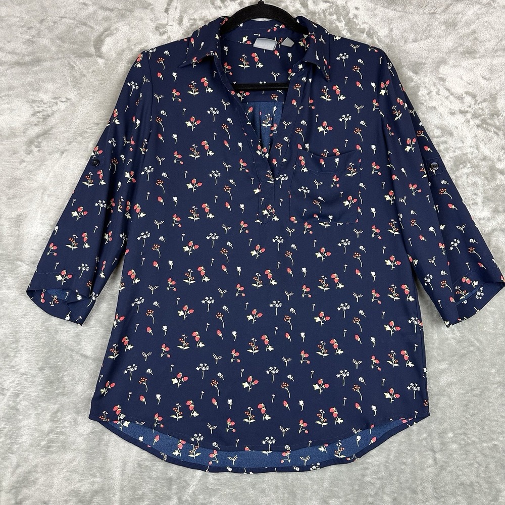 New York & Company SOHO Jeans Blouse Women's S Navy Blue Floral Fruit Roll Tab